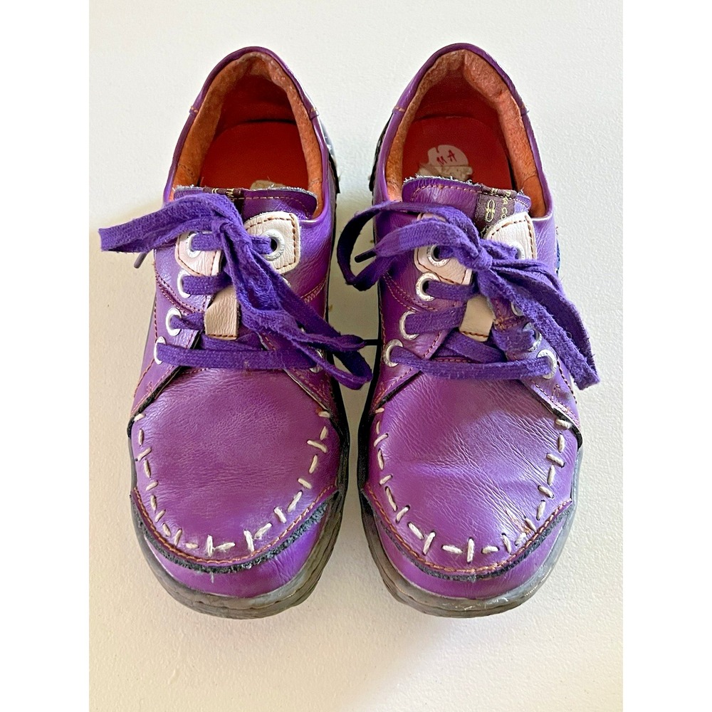 TMA EYES Women 7.5 Shoes Hand Stitched Leather Walking Sneakers Lace Up Purple